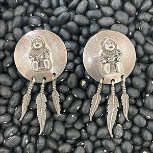 native American Sterling Silver Kachina Feather vintage Dangle Earrings